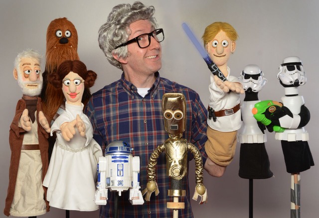 Mesner Puppet Theatre Deathstar Show man smiling with Star Wars puppets