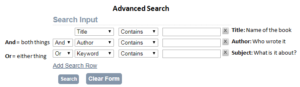 advanced search feature in catalog with fields for author subject and title search