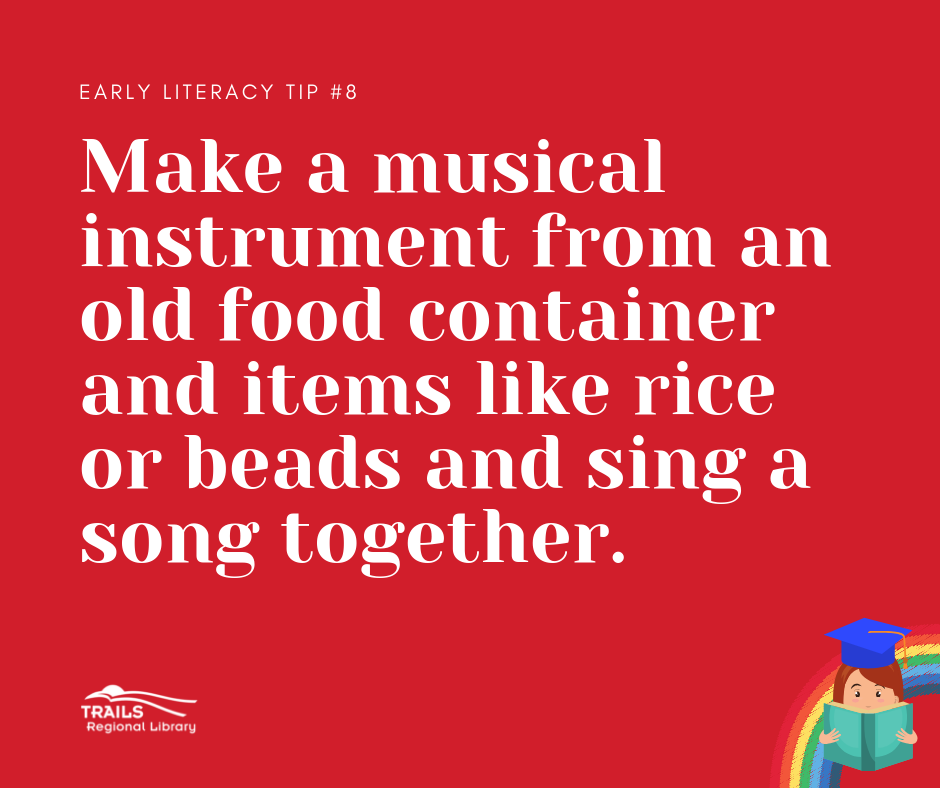 red block with text make instruments from household items and sing together